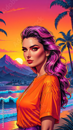 synthwave beach sunset scenery, a beautiful brown haired woman with an orange sunset and relaxing waves, waves, mountains, palm trees, miami, 80s, warm, colourful, summer vibes, golden times	