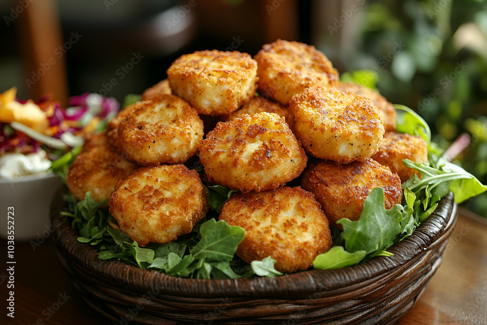 A warm, crispy stack of golden-brown fritters served on a bed of fresh greens in a rustic basket. A warm, crispy stack of golden-brown fritters served on a bed of fresh greens in a rustic basket.