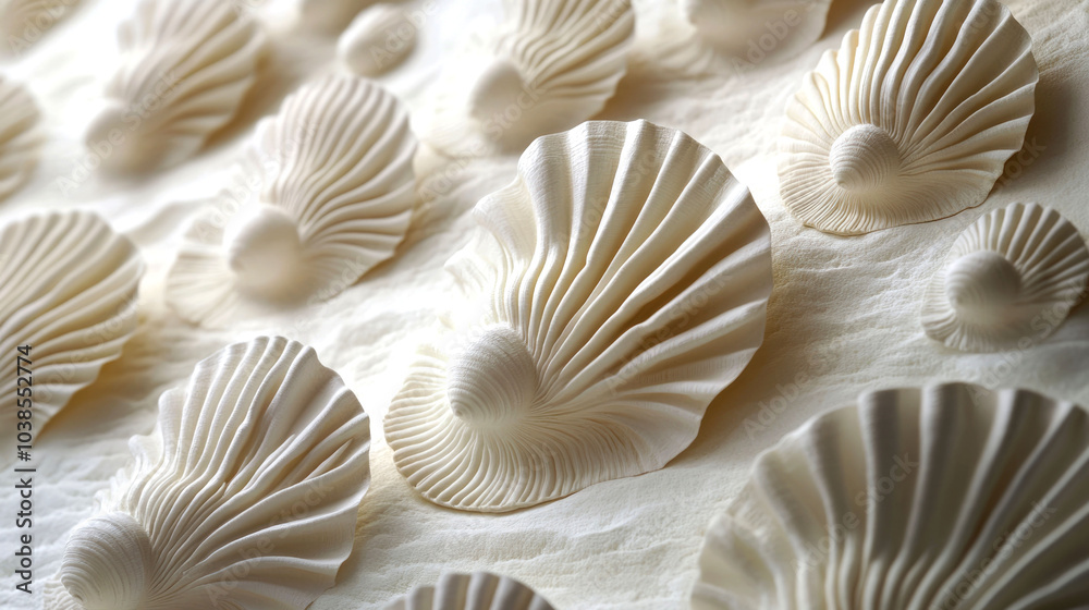 White ceramic shells arranged in a pattern on a white background. White ceramic shells arranged in a pattern on a white background.