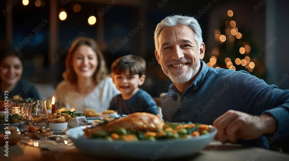 Joyful family gathering around dinner table with festive decorations, sharing smiles and delicious food. Joyful family gathering around dinner table with festive decorations, sharing smiles and delicious food.