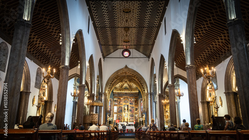 Beautiful central shot of interior of gothic cathedral in Funchal, Madeira, Portugal