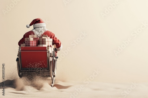 Santa Claus, adorned in his iconic suit, is seen swiftly traveling across a sandy landscape, his sleigh packed with colorful, beautifully wrapped gifts.