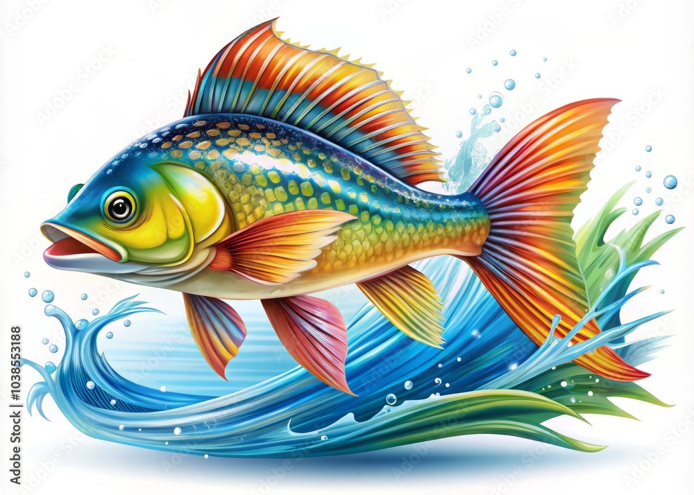 Fototapeta premium Vibrant aquatic art featuring dynamic fish on a white background. This colorful digital illustration showcases the beauty of marine life through creative graphics and underwater scenes.
