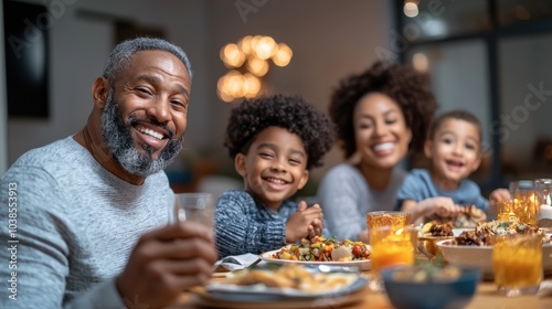 Happy family enjoying a meal together, smiling and sharing joyful moments around the dinner table.