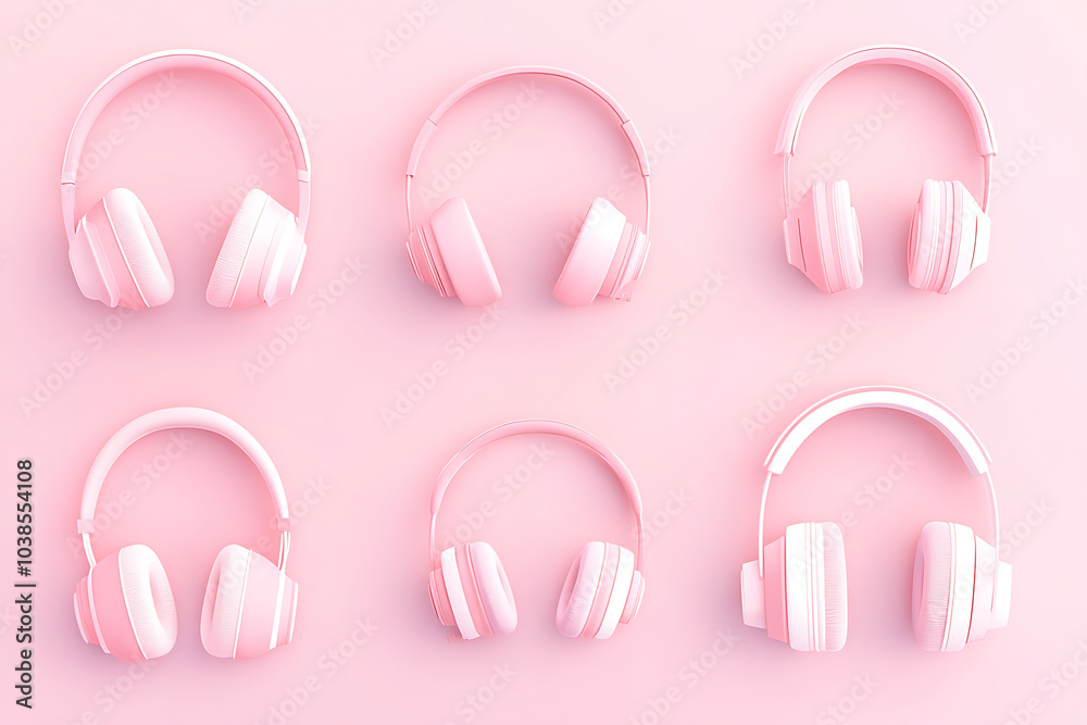 A collection of six pink headphones on a soft pink background. A collection of six pink headphones on a soft pink background.