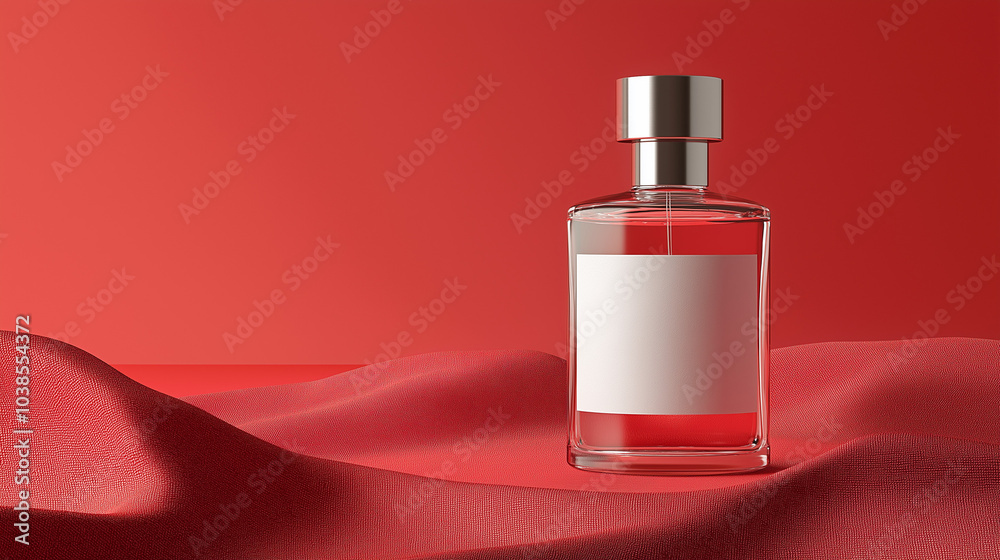 perfume container , bottle with blank label for copy space , isolated on red background perfume container , bottle with blank label for copy space , isolated on red background
