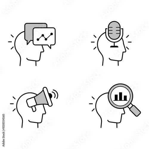 Strategic Insights and Leadership Icon Set – Icons Representing Analytical Thinking, Thought Leadership, Promotion Strategy, and Data-Driven Analysis