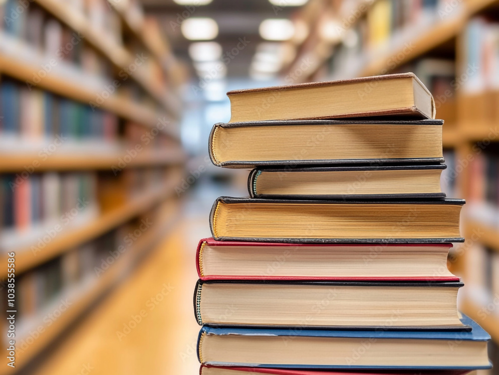 A stack of books on a table in a library. The books are all different sizes and are arranged in a neat stack. A stack of books on a table in a library. The books are all different sizes and are arranged in a neat stack.