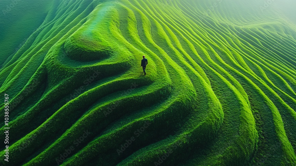 Fototapeta premium Man Walking on Lush Green Grassland from Above