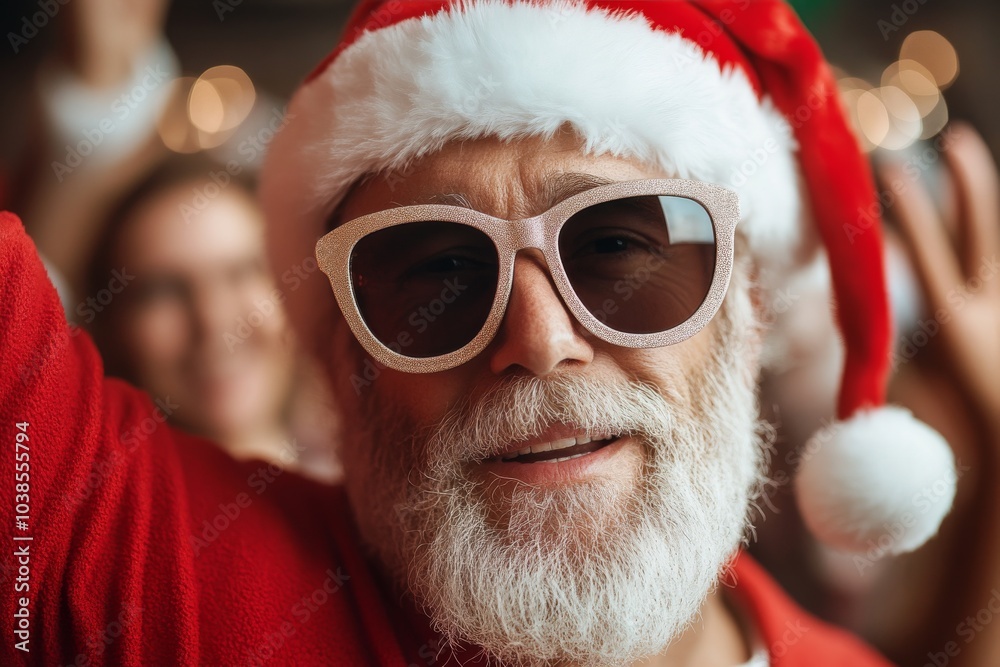 A close-up portrait of a jolly bearded man wearing a Santa suit and stylish sunglasses, radiating holiday cheer and joyful spirit amidst a festive backdrop. A close-up portrait of a jolly bearded man wearing a Santa suit and stylish sunglasses, radiating holiday cheer and joyful spirit amidst a festive backdrop.