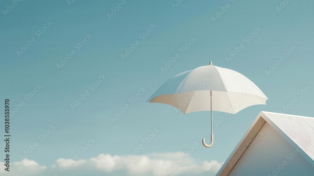 Home with a floating umbrella, concept of coverage, 3D illustration, Home with a floating umbrella, concept of coverage, 3D illustration,