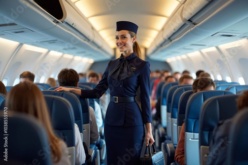 Friendly Flight Attendant Assisting Passengers on Airplane