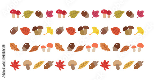 Cute hand drawn illustration border background with autumn concept. Acorns, mushroom, fallen leaves, maple leaves, ginkgo leaves, etc.
