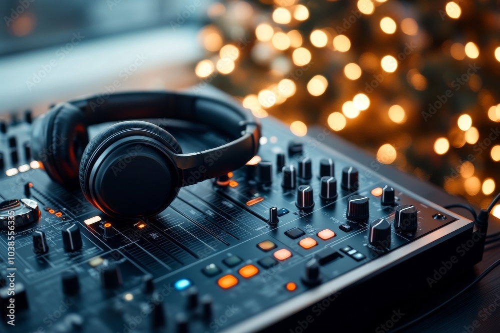 Capturing the essence of music and festivity, this image displays a professional DJ station with headphones, blending holiday lights for a festive musical experience. Capturing the essence of music and festivity, this image displays a professional DJ station with headphones, blending holiday lights for a festive musical experience.