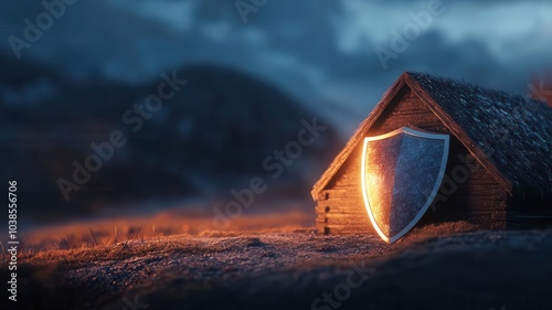 Shield encircling a house, representing fortified protection, 3D illustration,