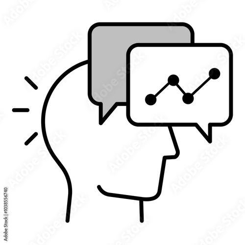 Analytical Thinking Icon – A Head with Chat Bubbles and a Growth Chart, Representing Data-Driven Insights and Critical Thinking