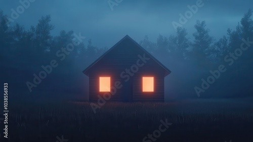 Shielded house in a dark environment, beacon of safety, 3D illustration,