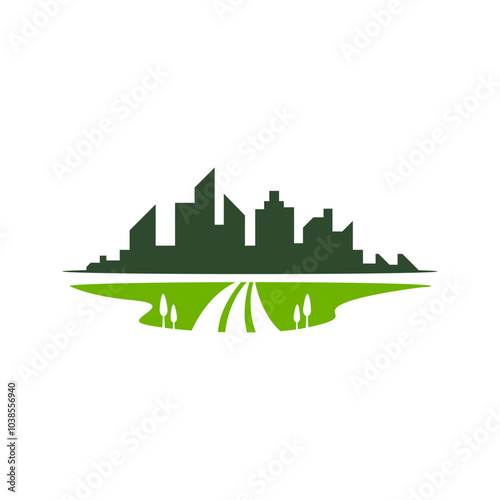 city buildings silhouette in a 2d straight line on a horizon by the fields. Green Eco-friendly environment and sustainable city. High population area. Logo for landscaping company or any business.