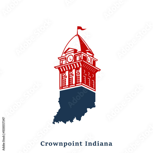 Crown point building in the Capitol city. Capital city building America. Indiana map logo with landmark. Clock tower or a lighthouse structure. Tourist attraction can be used for graphic projects