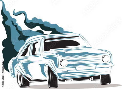 Rally car illustration in blue color line art