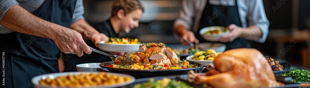 Chefs preparing a delicious feast with various dishes, showcasing a vibrant culinary experience. Chefs preparing a delicious feast with various dishes, showcasing a vibrant culinary experience.