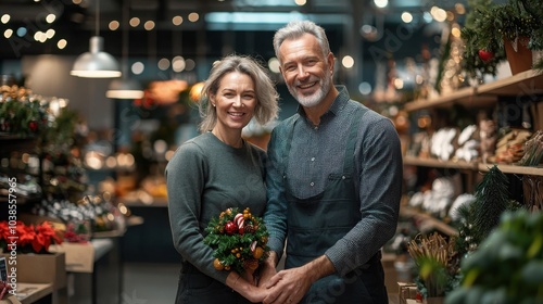 Cheerful couple in a flower shop, showcasing their beautiful bouquet against a decorated background.