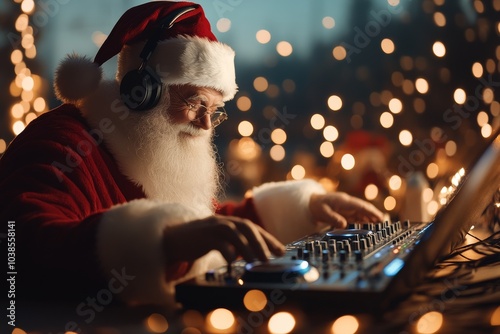 An intensely focused Santa Claus, adorned with headphones, adeptly operates a DJ console, amidst a magical and enchanting backdrop of sparkling, festive lights. photo