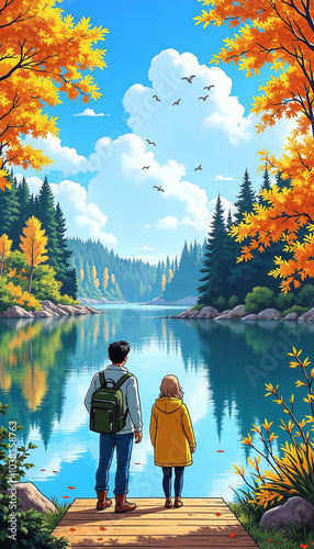 Two friends stand on a wooden dock overlooking a serene lake surrounded by vibrant autumn trees. The sky is clear, the reflection perfect, and birds fly overhead—creating a scene of peaceful explorati photo