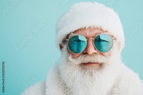 Cool Santa Claus with a trendy vibe, sporting reflective sunglasses and a classic white beard against a bright blue background, symbolizing modern festive flair. photo