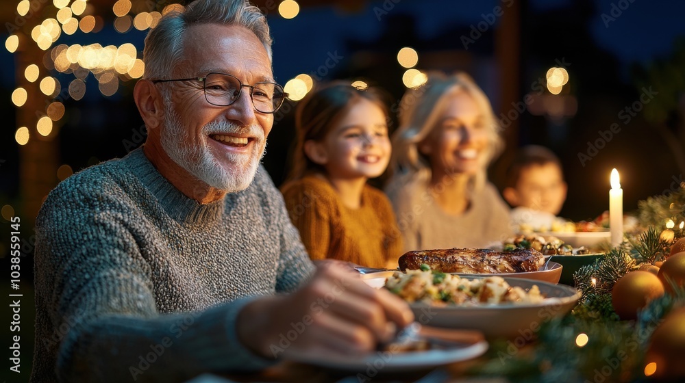 A joyful family gathering around a festive dinner table, sharing laughter and delicious food under warm lights. A joyful family gathering around a festive dinner table, sharing laughter and delicious food under warm lights.