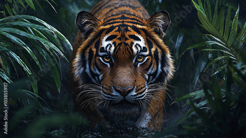 A tiger prowls through dense foliage, its orange-black fur vibrant against the greenery.