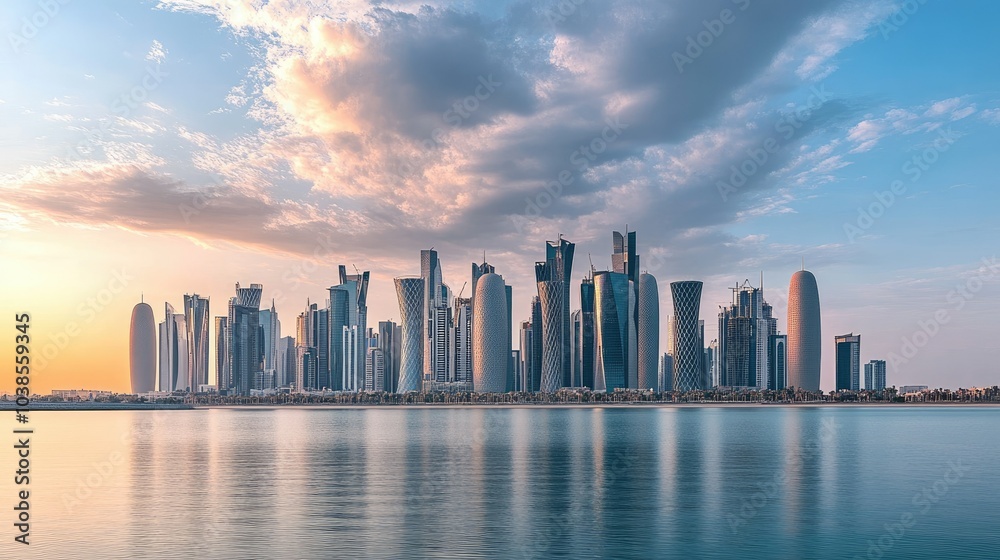 Modern Skyline at Sunset Over a Calm Water Body Modern Skyline at Sunset Over a Calm Water Body