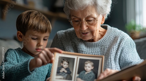 A grandmother and grandson share memories while looking at old photographs together.
