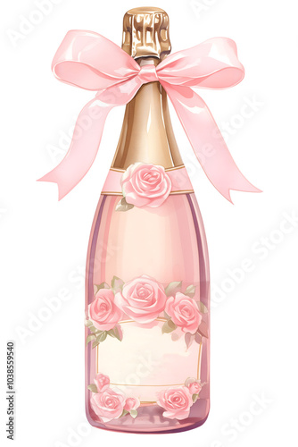 Beautiful champagne bottle decorated with pink ribbon bow and roses, empty white label, copy space for text. Cute wedding bachelorette clip art.