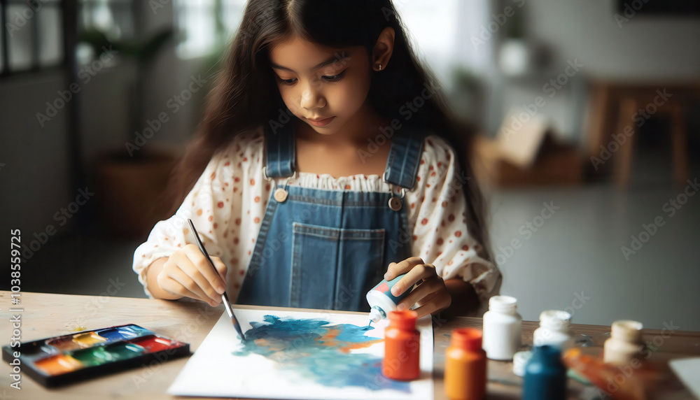 Fototapeta premium Girl artist pours paint on paper