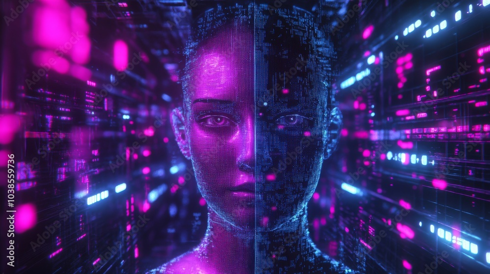 Digital human face depiction of a human face merged with glowing data streams in neon pink and blue, representing AI, technology, and digital transformation. Digital human face depiction of a human face merged with glowing data streams in neon pink and blue, representing AI, technology, and digital transformation.