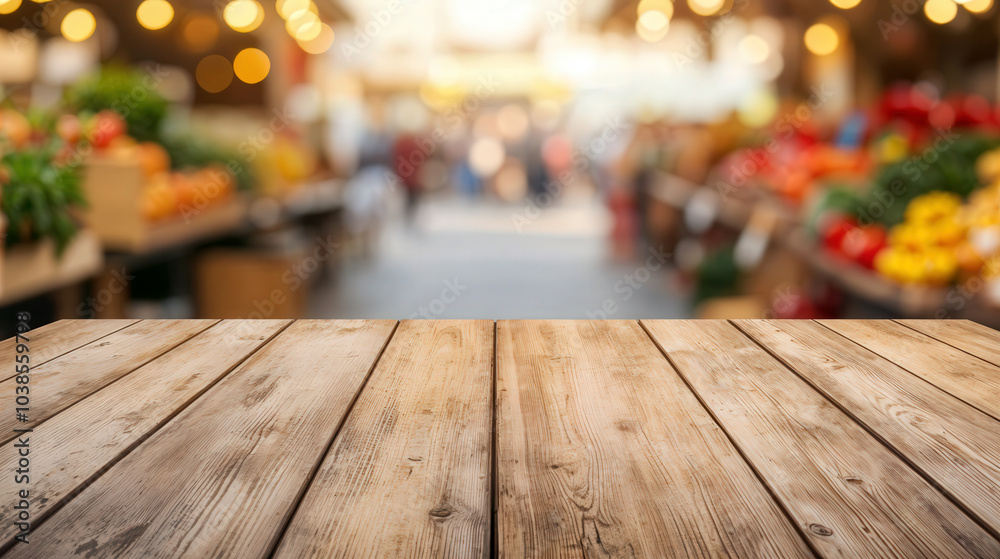 Empty wooden tabletop with blurred people shopping at street market background Empty wooden tabletop with blurred people shopping at street market background