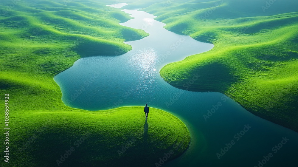 Aerial View of a Man Walking Through Lush Landscape Aerial View of a Man Walking Through Lush Landscape