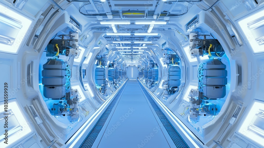 Obraz premium Futuristic Spaceship Cargo Area with Advanced Robotic Systems Transporting Alien Goods | Ultra-Detailed Sci-Fi Illustration