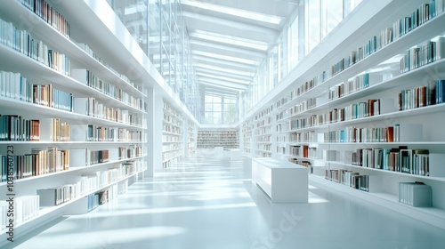 Modern Bright Library Interior with Shelves of Books