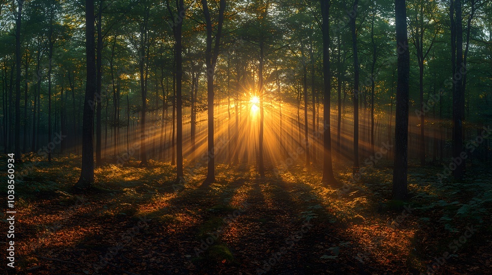 Obraz premium Sunbeams in a Misty Forest