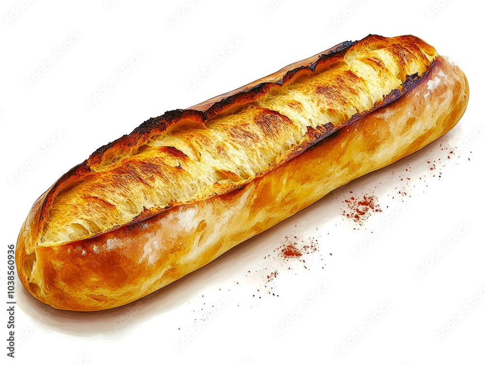 A freshly baked loaf of bread with a crispy crust and a sprinkle of paprika on a white background. A freshly baked loaf of bread with a crispy crust and a sprinkle of paprika on a white background.