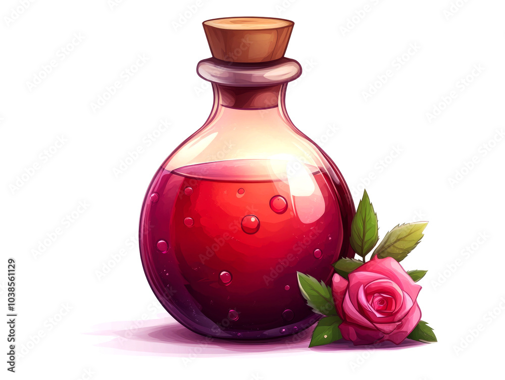 A glass bottle with a cork stopper filled with a red liquid, next to a pink rose.