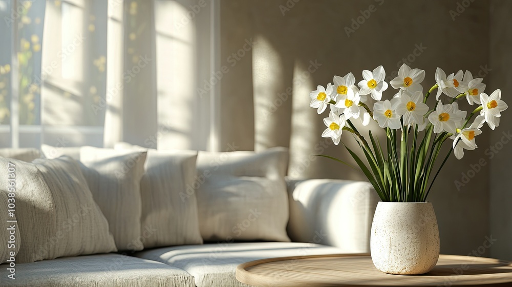 Sunlit Living Room with Fresh Flower Arrangement Sunlit Living Room with Fresh Flower Arrangement