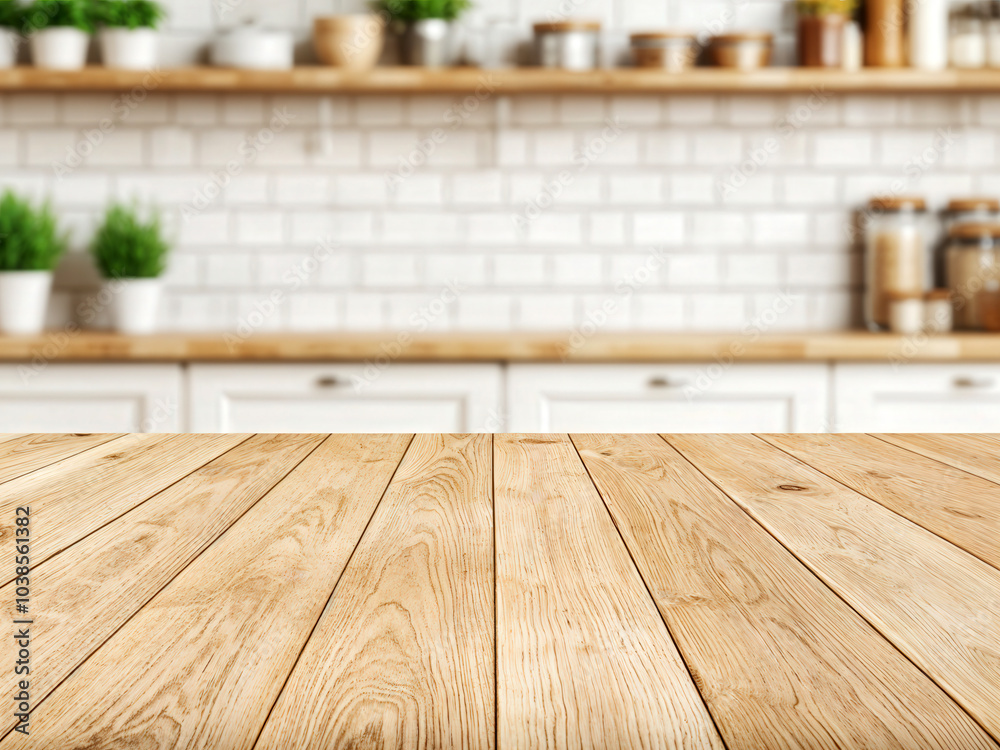 Empty wooden table providing space for product placement in front of kitchen Empty wooden table providing space for product placement in front of kitchen