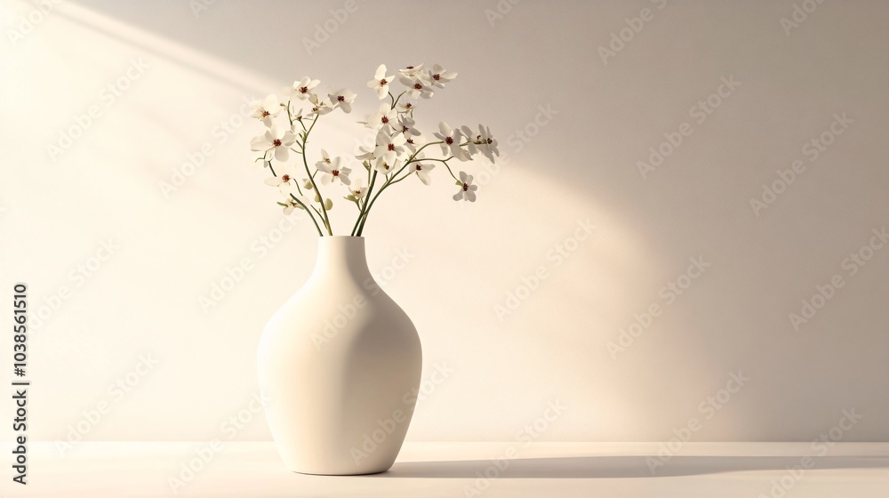 White Flowers in Vase with Sunbeam on Beige Wall White Flowers in Vase with Sunbeam on Beige Wall