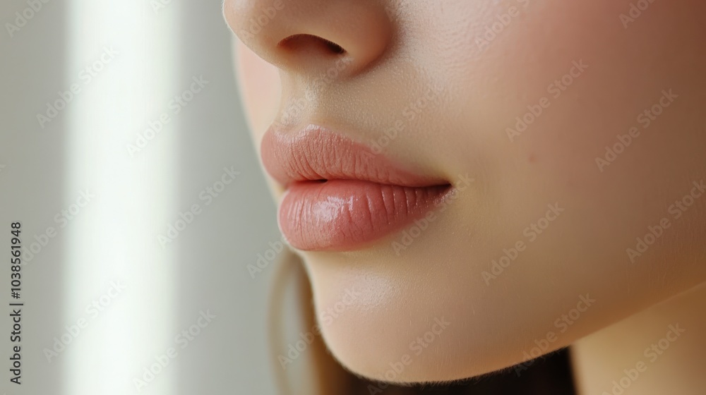 Captivating close-up of youthful lips featuring natural beauty and soft skin tone in a serene setting Captivating close-up of youthful lips featuring natural beauty and soft skin tone in a serene setting