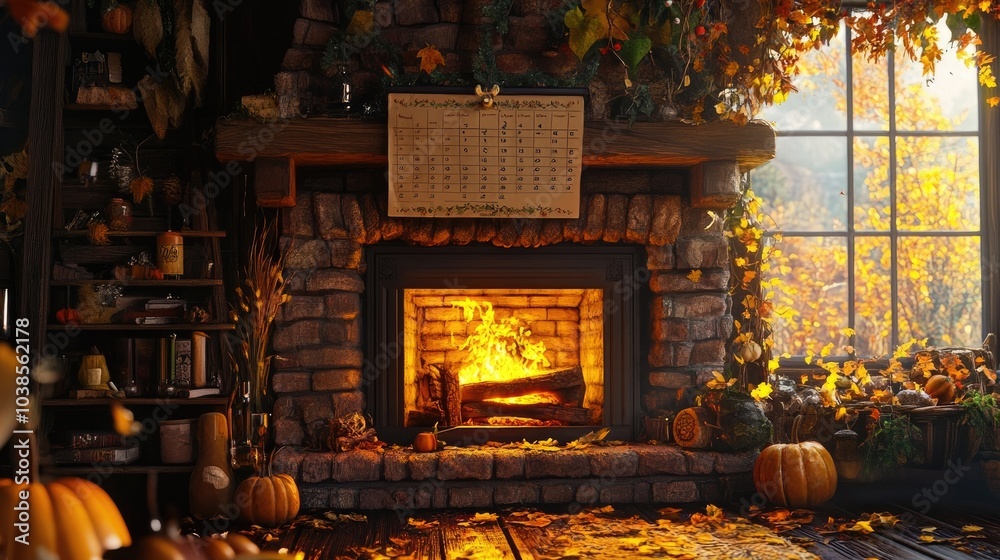 A cozy September 2023 calendar set against a backdrop of a warm fireplace and fall decorations. A cozy September 2023 calendar set against a backdrop of a warm fireplace and fall decorations.