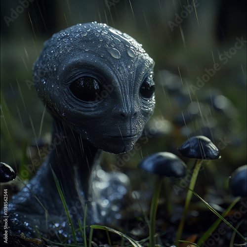 A grey alien with large eyes stands in a field of mushrooms, rain drops falling around it. photo