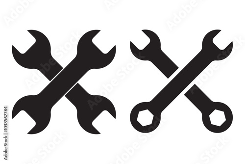 Wench icon set. Crossed wrench tool with ratchet vector icon set. Symbol and sign of hand tool, mechanic job, technical, setup, setting, construction, website builder